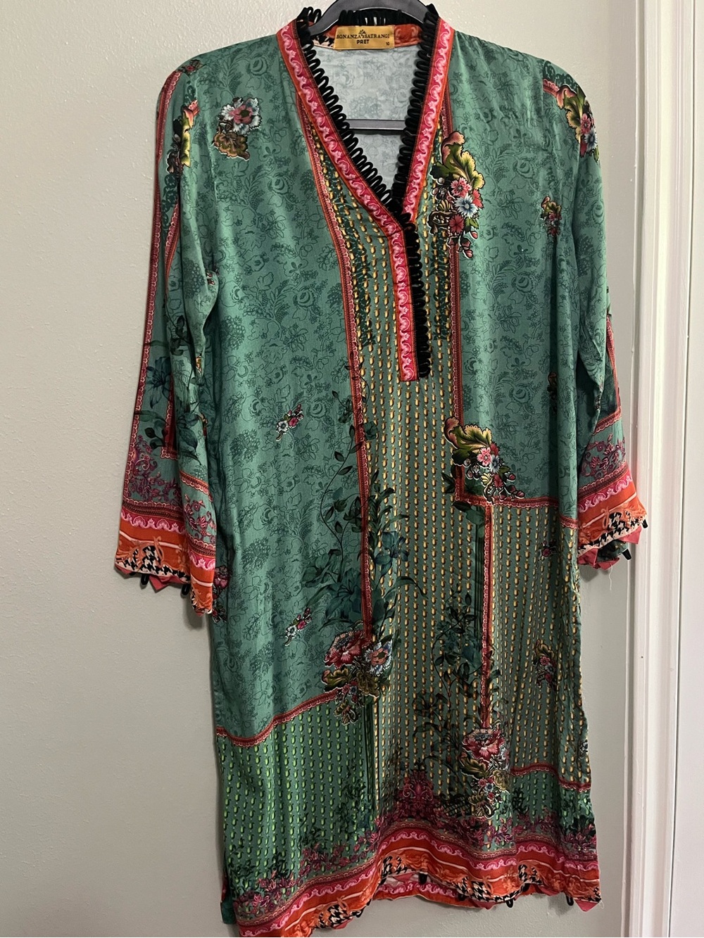 Bohemian Green Floral Midi Dress with Pink Trim